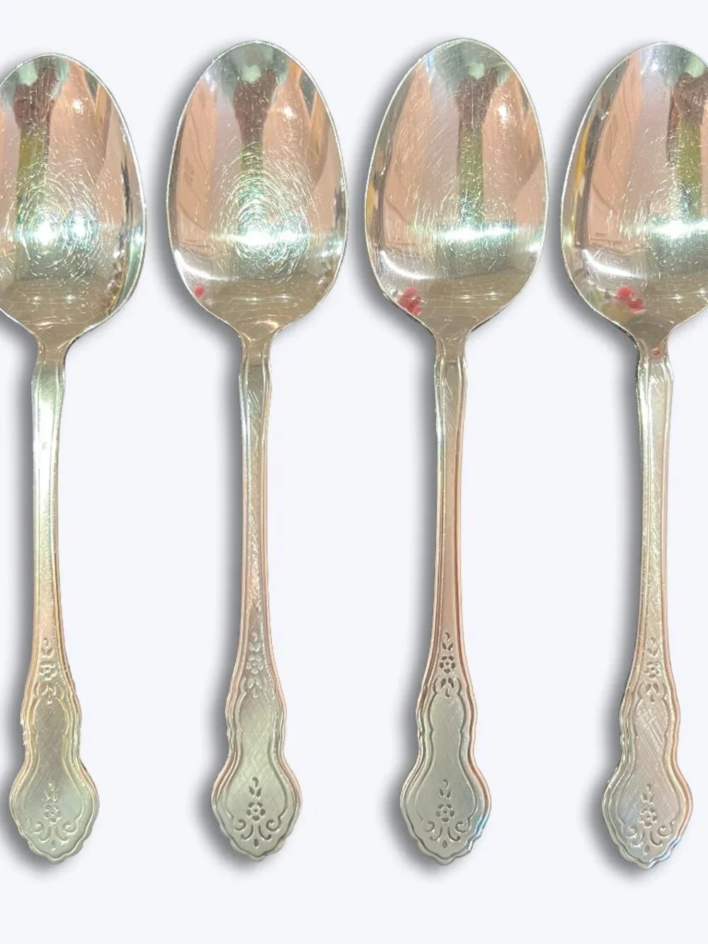 Vtg Oneida Stainless Folk Art Set of 4 Place Oval Soup Spoons Deluxe Meredith 7